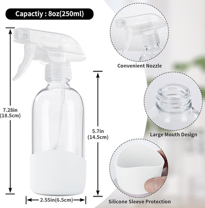 HOMBYS 8 Oz Empty Clear Glass Spray Bottles with Silicone Sleeve Protection Refillable Containers for Cleaning Solutions, Essential Oils, Misting Plants - Quality Sprayer - 1 Pack Boston Bottles