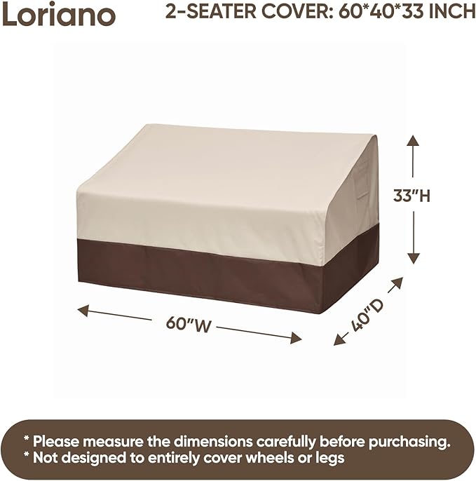 loriano 2-Seater Patio Sofa Cover, 100% Waterproof for Outdoor Loveseat Covers, 600D Oxford Fabric Heavy Duty Lawn Patio Furniture Covers 60" W x 40" D x 33" H
