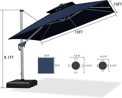 PURPLE LEAF 10 FT Patio Offset Umbrella Outdoor Cantilever Umbrella Hanging Umbrellas, 36 Month Fade Resistance & Water-repellent UV Protection Fabric Canopy with Crank & Water Tank Base (Navy Blue)