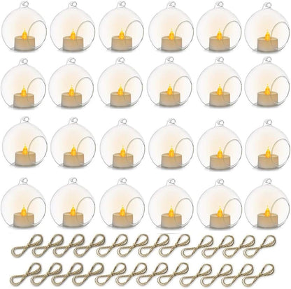 24 Pcs 3.15"/ 8cm Hanging Glass Tealight Holder Globe with LED Tealight, Plant Terrariums Glass Orbs Air Plants Tea Light Candle Holders Home Decor Indoor Outdoor Garden DIY Gifts (24 Pcs)