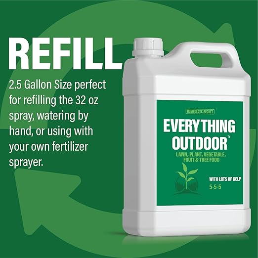 Humboldts Secret Everything Outdoor Plant Food | 5-5-5 Liquid Fertilizer with Norwegian Kelp | All Purpose Lawn, Vegetable & Fruit Food | Garden Nutrients | Refillable Hose End Bottle | 2.5 Gallon