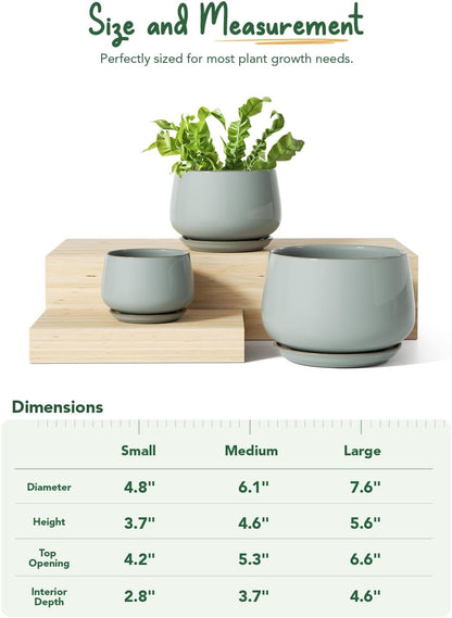 LE TAUCI Plant Pots for Indoor Plants, 4.1+5.1+6.5 inch, Set of 3, Ceramic Planters with Drainage Hole and Saucer, Indoor Flower Pot with Hole Mesh Pad, Gifts for Mom, Reactive Glaze Blue Gray