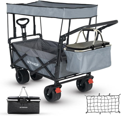 SKYMANOR Collapsible Wagon with Removable Canopy, 3-in-1 Heavy Duty Garden Cart with Big All-Terrain Wheels, Brakes, Adjustable Push Pull Handle, Cooler Bag, 300LBS Wagon Cart for Camping (Grey)