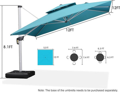 PURPLE LEAF 12 Feet Double Top Deluxe Square Patio Umbrella Offset Hanging Umbrella Cantilever Outdoor Market Umbrella Garden Turquoise Blue