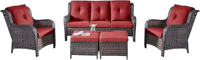 Rilyson Outdoor Patio Wicker Furniture Set - 5 Piece Rattan Patio Conversation Sectional Sofa Set with 1 Couch,2 Armchairs,2 Ottomans for Porch Deck Garden(Brown/Red)
