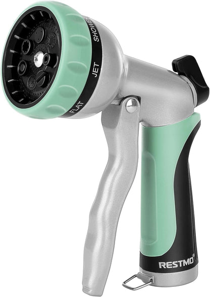 RESTMO Garden Hose Nozzle, Heavy Duty Metal Water Hose Nozzle with 7 Adjustable Spray Patterns, High Pressure Hand Sprayer with Flow Control, Best for Watering Plant & Lawn, Washing Car & Pet, Cyan