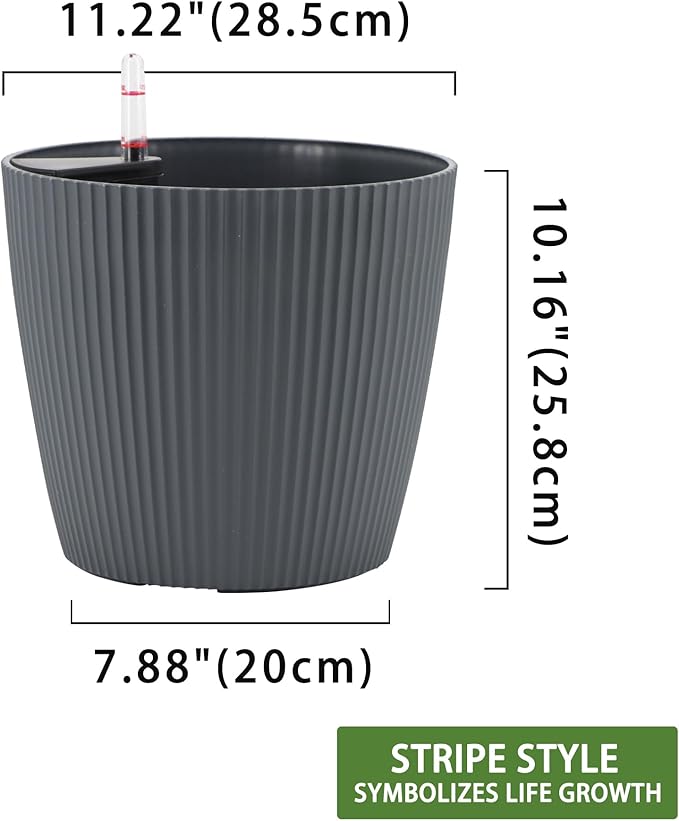 Dexceder 11x10 Self Watering Planters Indoor, Inner Mat Design, Table Flower Plant Pot with Water Level Indicator (2 Pack, Gray)