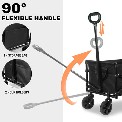 Collapsible Wagon 352LBS Capacity, Foldable Large Carts, Heavy Duty Outdoor Folding Cart with All-Terrain Wheels, Utility Garden Beach Wagon with Storage Bag Black