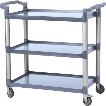 Utility Service Cart 3 Shelf, Rolling Push Cart with Brake Wheel, Plastic Heavy Duty 3-Tier Food Service Cart for Office, Warehouse, Garage, Restaurant, Cleaning, 360lbs Capacity, Gray