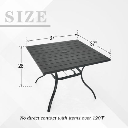 Outdoor Dining Table with 1.6" Umbrella Hole, Picnic Table Plastic Square Backyard Bistro Table Outdoor Dining Table for Garden, Poolside, Backyard, Black, 37x37inch