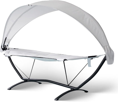 Island Retreat Sea Breeze Steel Frame Hammock Lounge Chair with Canopy - Luxury Shaded Hammock with Stand for Outside - Boho Style Beach Chair with Adjustable & Removeable Canopy - Black & Champagne