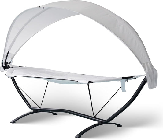Island Retreat Sea Breeze Steel Frame Hammock Lounge Chair with Canopy - Luxury Shaded Hammock with Stand for Outside - Boho Style Beach Chair with Adjustable & Removeable Canopy - Black & Champagne