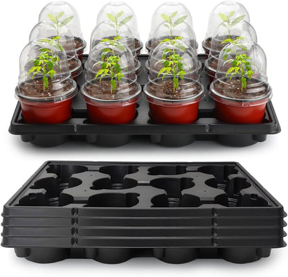 4 Inch 60 Pack Nursery Pots with Humidity Domes & 5 Pack 12 Cell Round Seedling Pot Carrying Trays, Sturdy Seeds Starter Pot Germination Set, Small Planter Nursery Propagation 5 Sets