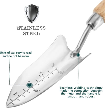 Berry&Bird Transplant Trowel with Measurements, Garden Stainless Steel Potting Hand Trowel with Wooden Handle, Small Garden Hand Shovel Transplanter Tool for Planting Digging Transplanting Gardening