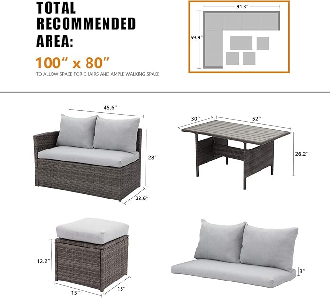 Wisteria Lane Outdoor Patio Furniture Set, 7 Piece Outdoor Dining Sectional Sofa with Dining Table and Chair, All Weather Wicker Conversation Set with Ottoman, Light Grey Cushion