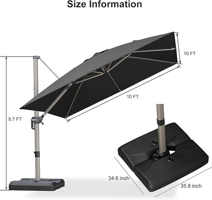 PURPLE LEAF 10FT Patio Umbrella with Base Cantilever Umbrella Square Outdoor Offset Umbrella with Champagne Frame and 360° Rotation for Garden Deck Pool, Black