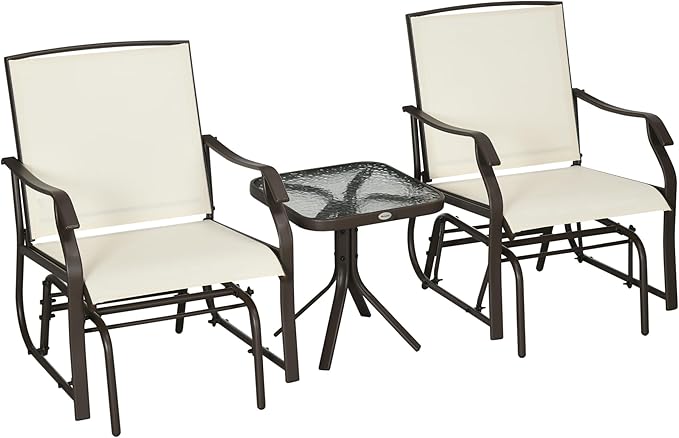Outsunny 3 Piece Outdoor Glider Chair with Coffee Table Bistro Set, 2 Patio Rocking Swing Chairs with Breathable Sling Fabric, Glass Tabletop, for Backyard, Garden and Porch, Cream White