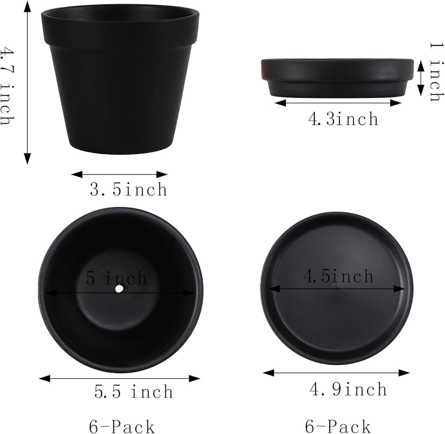 Terra Cotta Pots with Saucer- 6-Pack Large Terracotta Pot Clay Pots 5.5'' Clay Ceramic Pottery Planter Cactus Flower Pots Succulent Pot with Drainage Hole- for Plants,Crafts terra cotta planter(Black)