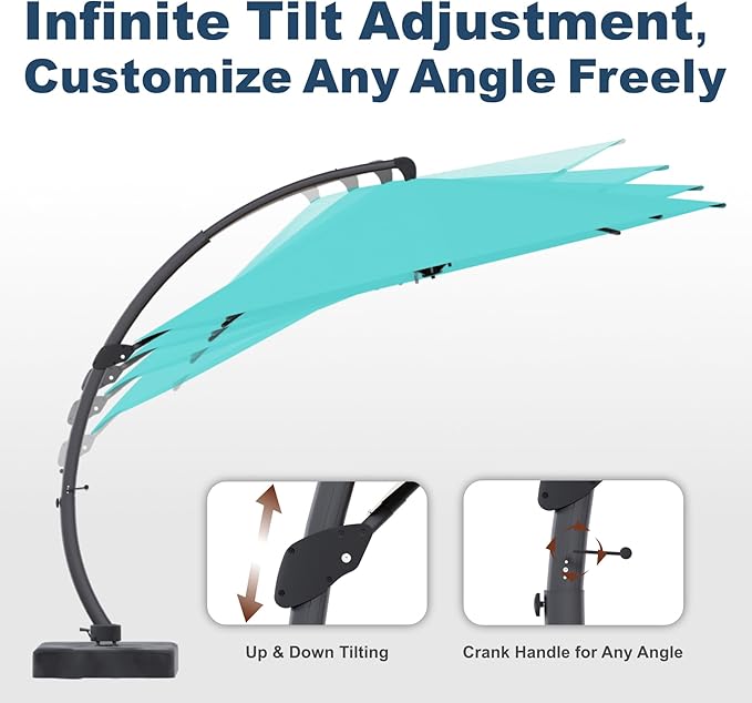 12FT Cantilever Umbrella with Base Large Curvy Outdoor Aluminum Offset Umbrella w/ 360° Rotation, UV Resistant Canopy for Patio, Garden, Backyard, Aqua Blue