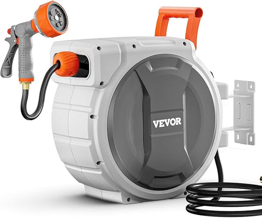 VEVOR Retractable Garden Hose Reel, 5/8 Inch x 100 ft Wall Mounted Hose Reel, Heavy Duty Garden Hose Reel with 9 Patterns Nozzle, Any Length Lock, Upgraded Slow Return System and 180°Swivel Bracket