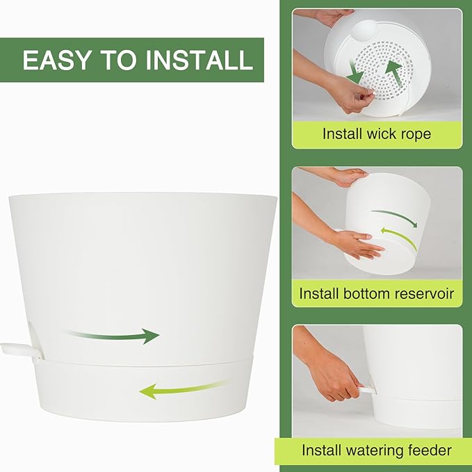 12inch Large Self Watering Plant Pot, Plastic Cylinder Planter with 60Oz Deep Reservoir and Saucer for Indoor Outdoor Plants Flowers Houseplants, White
