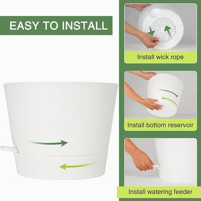 12inch Large Self Watering Plant Pot, Plastic Cylinder Planter with 60Oz Deep Reservoir and Saucer for Indoor Outdoor Plants Flowers Houseplants, White