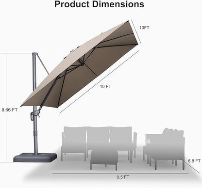 PURPLE LEAF 10 FT Cantilever Patio Umbrella Outdoor Aluminum Offset Square Umbrella with 3 Years Fade Resistance Recycled Fabric and 360-degree Rotation for Deck Pool Garden, Ash Mocha