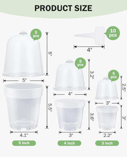 homenote Clear Nursery Pots for Plants,3/4/5 Inch Plant Pot for Planting with Humidity Domes Plastic Seedling with Drainage Holes Seed Starter Flower High Transparency (15 Pack)