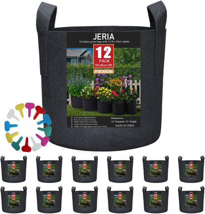 JERIA 12-Pack 10 Gallon, Vegetable/Flower/Plant Grow Bags, Aeration Fabric Pots with Handles (Black), Come with 12 Pcs Plant Labels