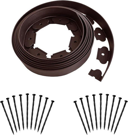 Landscape Edging 20ft Length No Digging Garden Edging Kit Include 18 Spikes, Premium Yard Edging Fence with One Spike per Feet, Brown