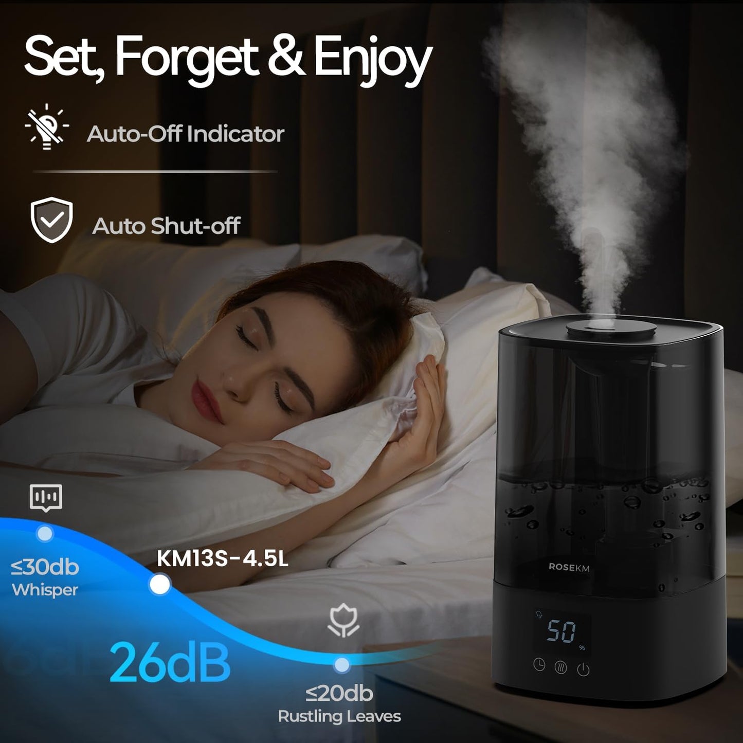 Automatic Humidifiers for Bedroom Large Room, 4.5L Cool Mist Humidifier for Home & Plant with Timer & Humidity Sensor, Last Up to 18H on High Setting, Auto Shut-Off, 360° Nozzle (Black)