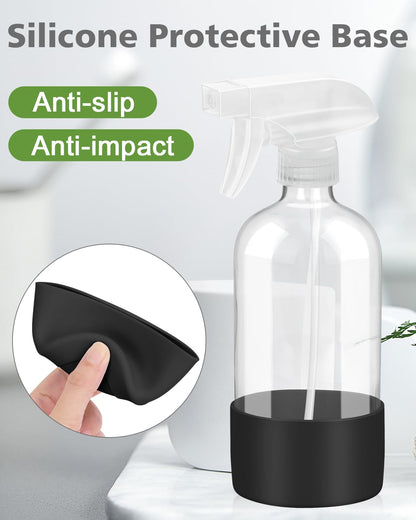 Glass Spray Bottles with Silicone Sleeve Protection, Empty 16OZ Reusable Spray Bottles, Refillable Containers with Spray Nozzles for Cleaning Solutions, Plants and Essential Oils 1 Pack Black