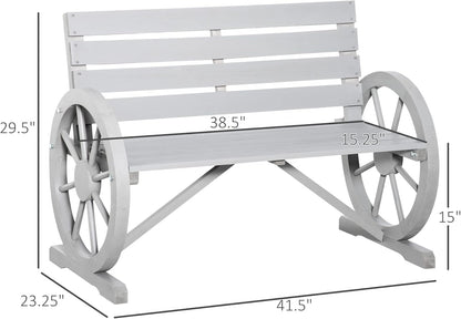 Outsunny 41" Wooden Wagon Wheel Bench, Rustic Outdoor Patio Weather Resistance Furniture, 2-Person Slatted Seat Bench with Backrest, Light Gray