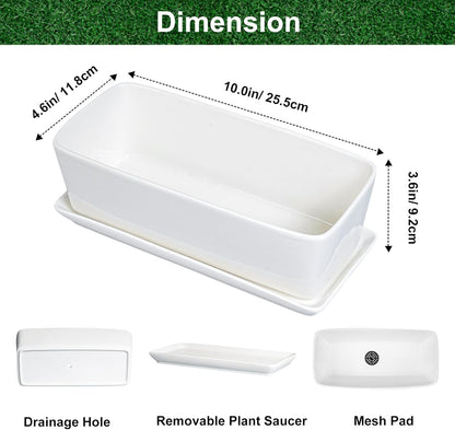 SQOWL Rectangular Planter - 10 Inch Ceramic Pots for Plants with Drainage Hole and Saucer, Succulent Pots for Indoor Outdoor, Cactus Herb Flower Planter, Home Decor, Gifts for Plant Lovers, White