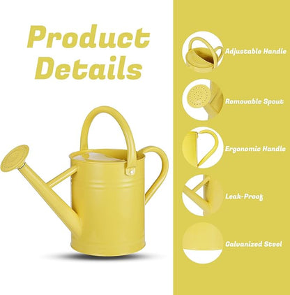 1 Gallon Watering Can for Plants, Watering Cans for Indoor&Outdoor Gardening, Galvanized Steel Watering Pot with Removable Spout, Metal Water Can with Ergonomic Movable Handle(Cute Yellow)