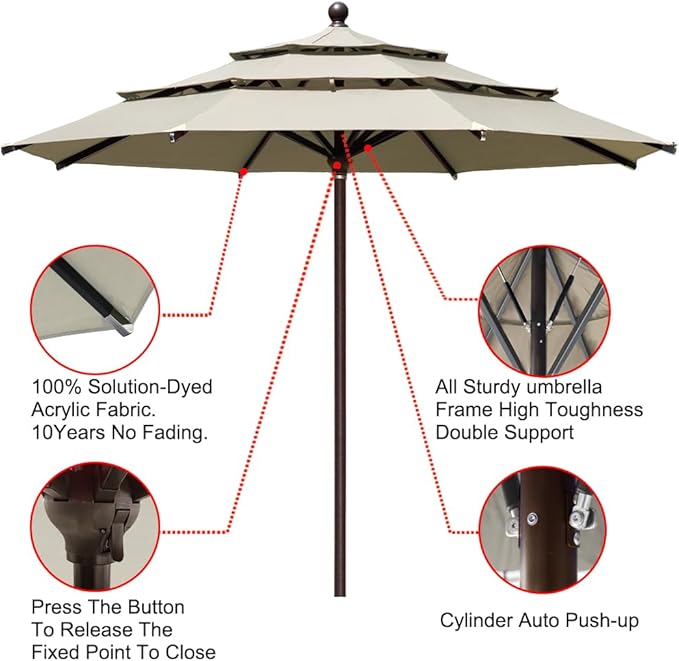 EliteShade USA 10-Year-Non-Fading 11Ft 3 Tiers Patio Market Umbrella Outdoor Cylinder Auto Push-up Table Umbrella with Ventilation, Antique Beige