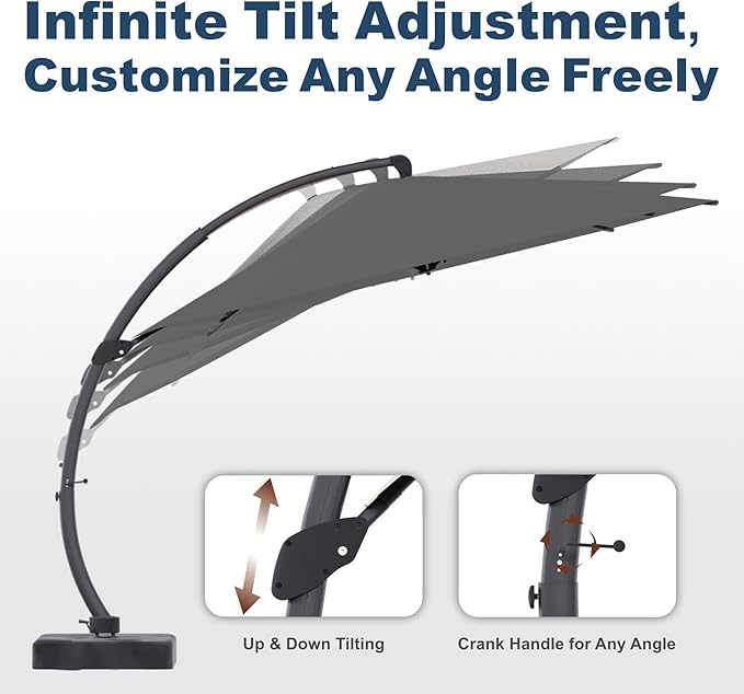 11FT Cantilever Umbrella with Base Large Curvy Outdoor Aluminum Offset Umbrella w/ 360° Rotation, UV Resistant Canopy for Patio, Garden, Backyard, Gray
