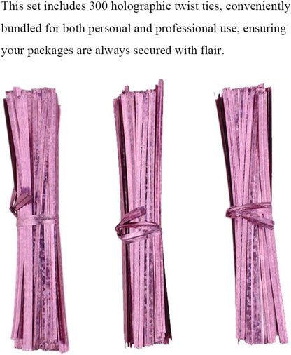 HAHIYO 300Pcs 4inches Holographic Pink Metal Twist Ties Bread Candy Coffee Bag Ties Plant Garden Twist Ties for Cellophane Treat Bags Gift Wraping Bags Plastic Bags Party Cake Present Art Crafts
