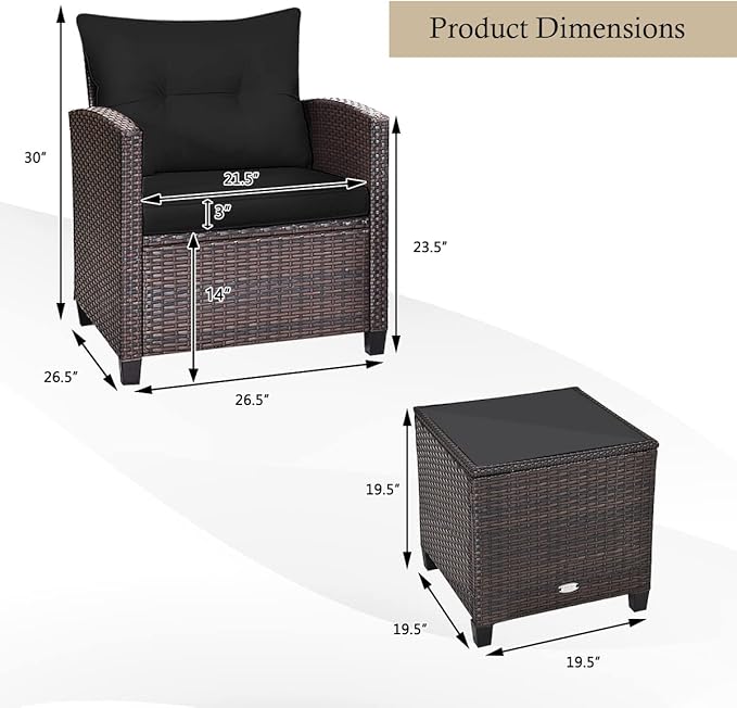 KOTEK 3 Piece Patio Furniture Set, Outdoor Conversation Set with Washable Cushions & Tempered Glass Tabletop, PE Rattan Wicker Bistro Set for Porch, Garden, Balcony (Black)