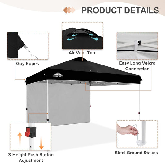 EAGLE PEAK Pop Up Canopy Tent with 1 Sidewall, Easy Setup Event Tent, Outdoor Sun Shade, Wheeled Carry Bag, Stakes and Guy Ropes, Instant Canopy 12x12, Black