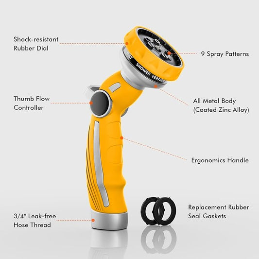 RESTMO Hose Nozzle Heavy Duty, Metal Water Hose Sprayer for Garden, 9 Spray Patterns | High Pressure | Thumb Flow Control | On/Off Valve, Ideal for Lawn & Plant Watering, Car & Pet Washing, Yellow