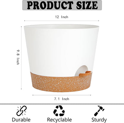 12+12Inch 2Pack Large Flower Pots for Indoor/Outdoor Plants,Self Watering Planters with Reservoir and Drainage Hole White Plastic Planting Pots Modern Home Decor Gift Idea