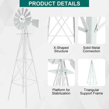 VINGLI 8FT Ornamental Windmill Backyard Garden Decoration Weather Vane, Heavy Duty Metal Wind Mill w/ 4 Legs Design,White