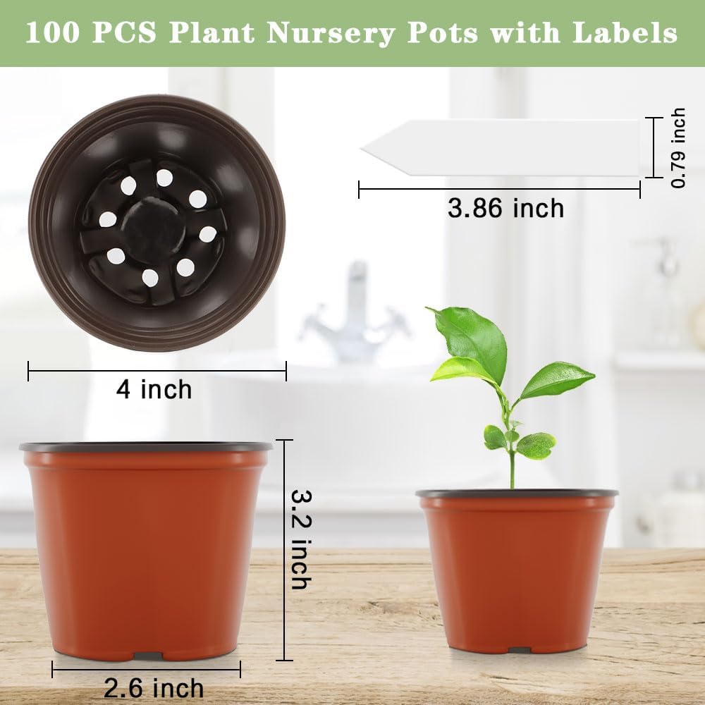 100 Pcs Plant Nursery Pots, 4 Inch Small Plant Seedling Pots with Labels Plastic Plant Flower Pots with Drainage Holes Indoor Outdoor for Succulent Cutting Transplanting