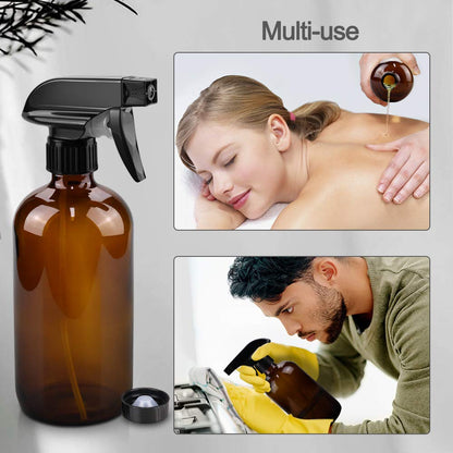 Glass Spray Bottles, 16oz Refillable Containers, Empty Boston Round Bottles with Labels & Adjustable Nozzle for Cleaning, Gardening, Aromatherapy, Pets, Plant, Hair -Amber (2 Pack)