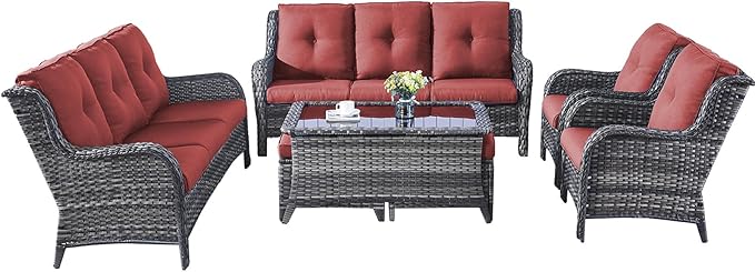 Rilyson Outdoor Patio Furniture Sofa Set - 7 PC Rattan Wicker Patio Sectional Conversation Sets with Sofa,Loveseat,Coffee Table,Armrest Chairs and Ottomans for Porch Deck Garden(Mixed Grey/Red)