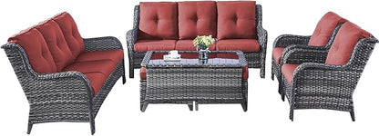 Rilyson Wicker Patio Furniture Sofa Set - 7 Piece Rattan Outdoor Patio Sectional Conversation Sets with 2 Sofa,2 Armrest Chairs,1 Coffee Table and 2 Ottomans for Porch Deck Garden(Mixed Grey/Red)