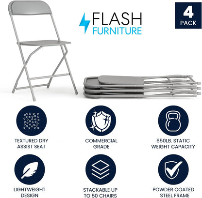 Flash Furniture Hercules Series Plastic Folding Chair - Grey - 4 Pack 650LB Weight Capacity Comfortable Event Chair-Lightweight Folding Chair