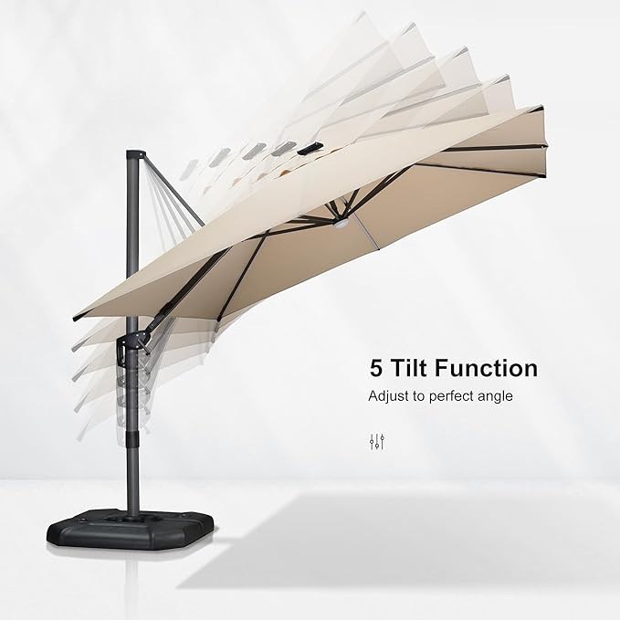 PURPLE LEAF 10 Feet Patio Umbrella Outdoor Cantilever Solar Powered LED Square Umbrella Aluminum Offset Umbrella with 360-degree Rotation for Garden Deck Pool Patio, Beige