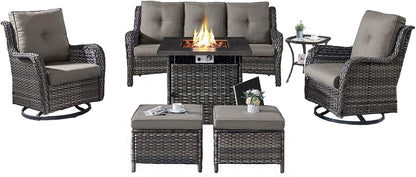 Outdoor Patio Furniture Set with Propane Fire Pit Table, 7 Pieces Wicker Patio Conversation Set with 2 Swivel Glider Rocker Chair Rattan Sofa Grey Cushion Perfect for Casual Gathering